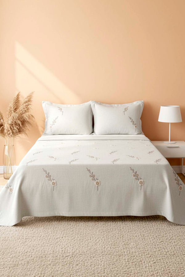 Light Grey Seren Pattern Double Embroidered Bedspread Set