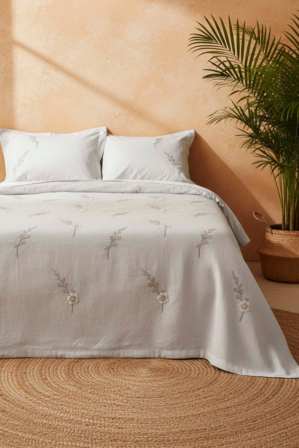 Light Grey Seren Pattern Double Embroidered Bedspread Set