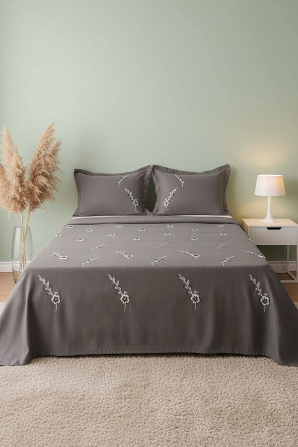 Anthracite Seren Pattern Embroidered Double Bedspread Set