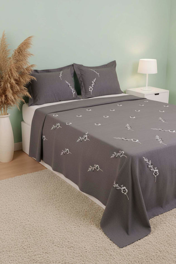 Anthracite Seren Pattern Embroidered Double Bedspread Set