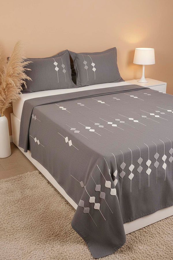 Anthracite Zen Diamond Pattern Embroidered Double Bedspread Set