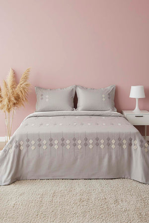 Light Grey Zen Diamond Pattern Embroidered Bedspread Set