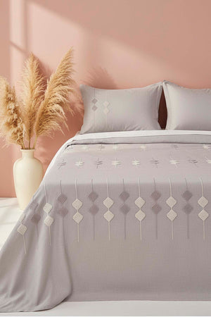 Light Grey Zen Diamond Pattern Embroidered Bedspread Set