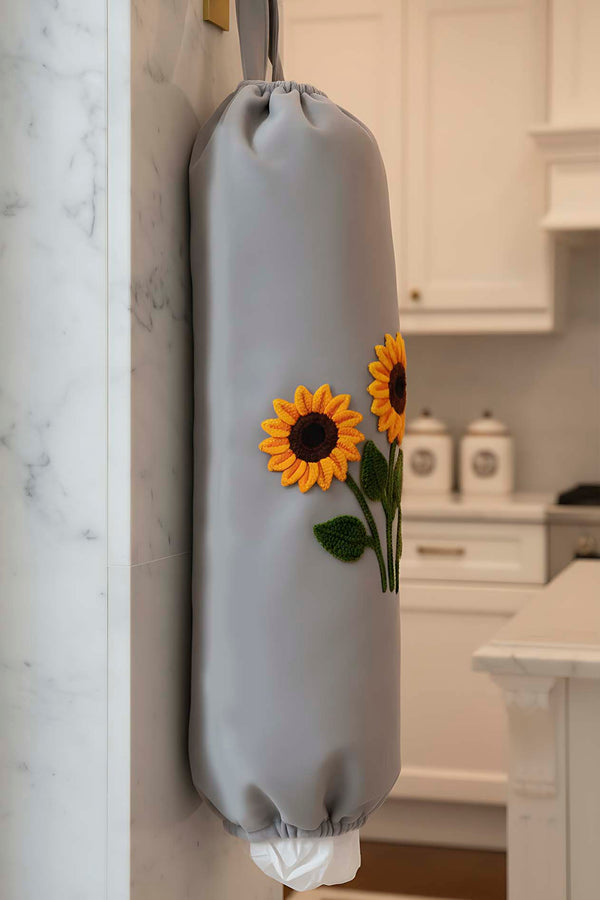 Grey Sunflower Pattern Hanging Fabric Plastic Bag Organizer