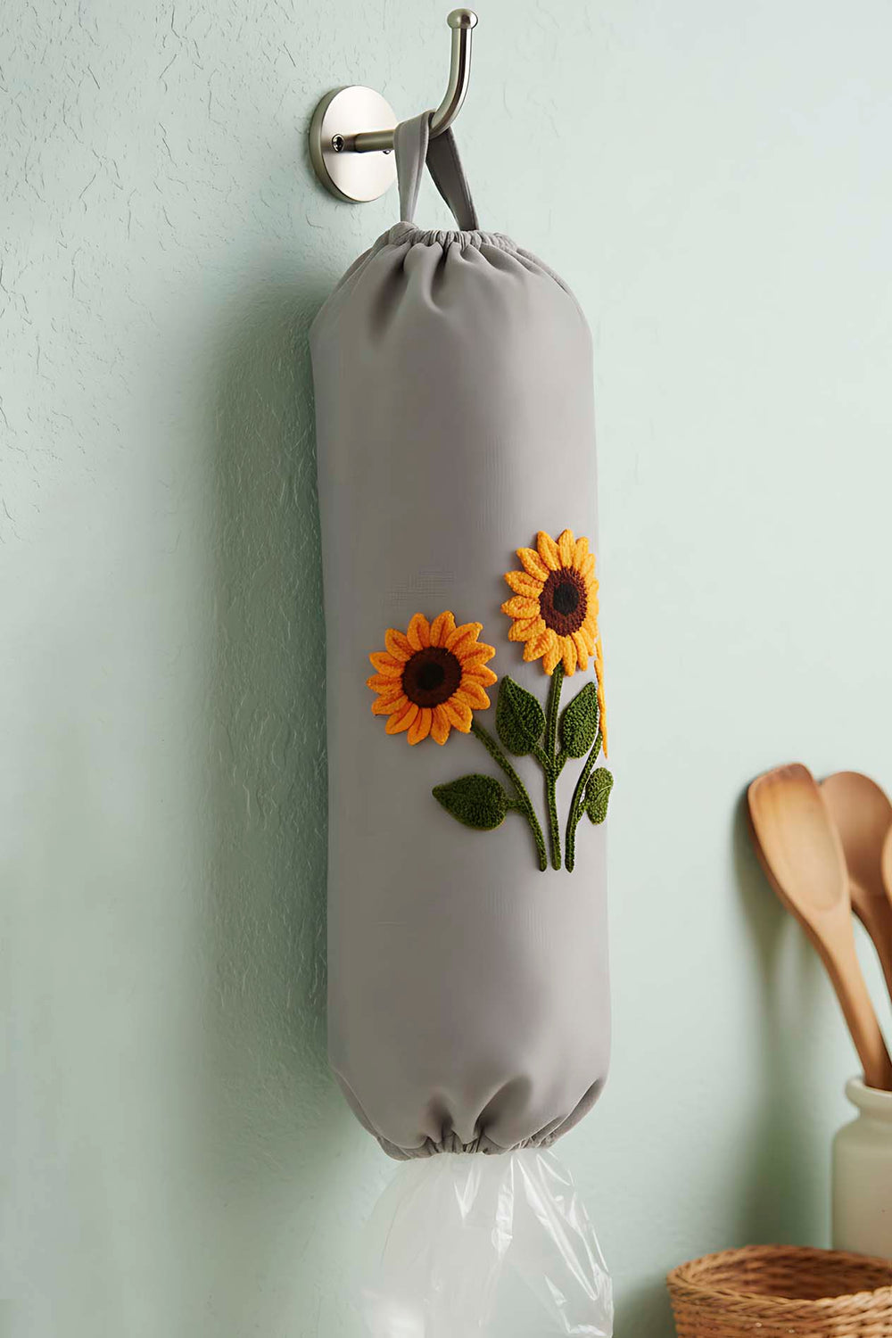 Grey Sunflower Pattern Hanging Fabric Plastic Bag Organizer