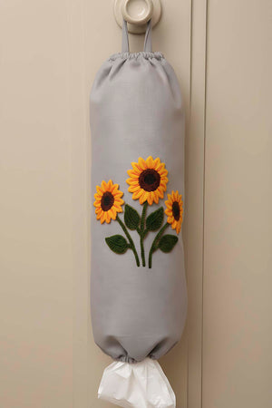 Grey Sunflower Pattern Hanging Fabric Plastic Bag Organizer