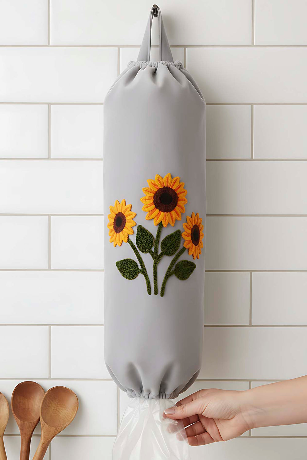 Grey Sunflower Pattern Hanging Fabric Plastic Bag Organizer
