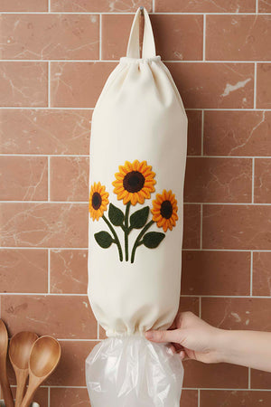 White Sunflower Pattern Fabric Plastic Bag Organizer