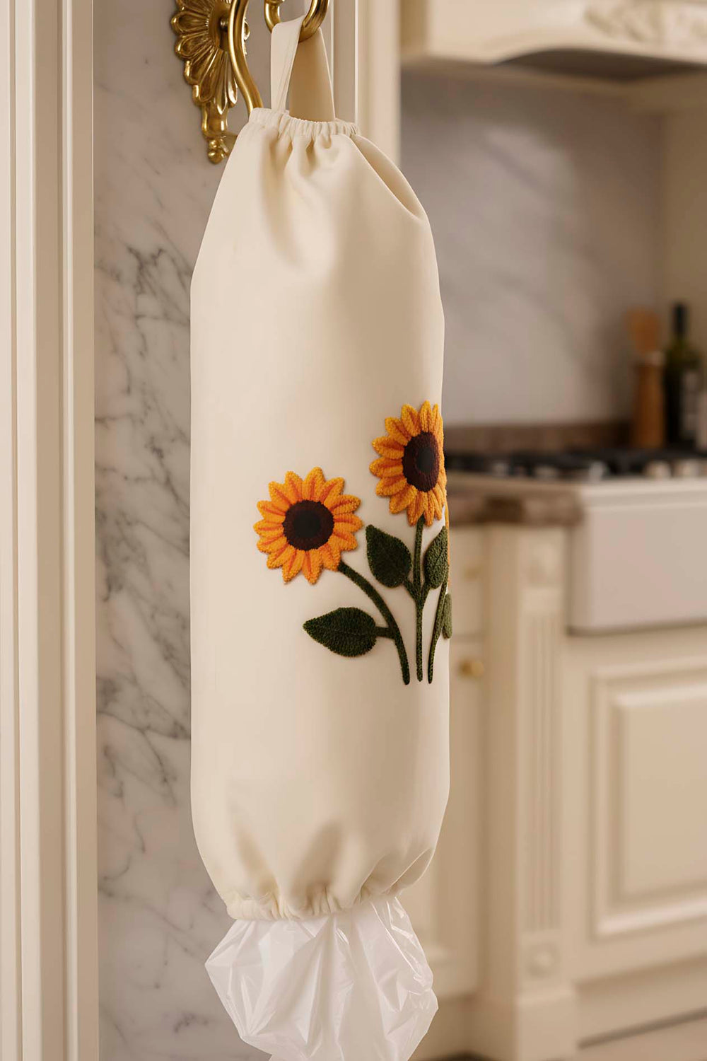 White Sunflower Pattern Fabric Plastic Bag Organizer