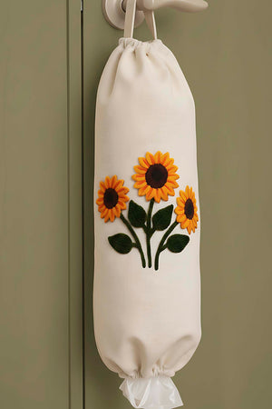 White Sunflower Pattern Fabric Plastic Bag Organizer