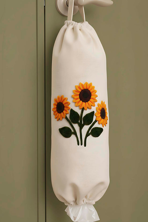 White Sunflower Pattern Fabric Plastic Bag Organizer