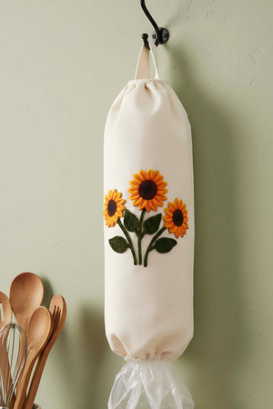 White Sunflower Pattern Fabric Plastic Bag Organizer