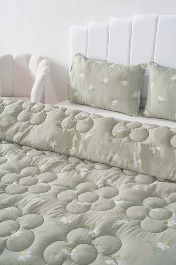 Green Daisy Single Double-Sided Daisy Quilted Quilt  – 160x215 cm