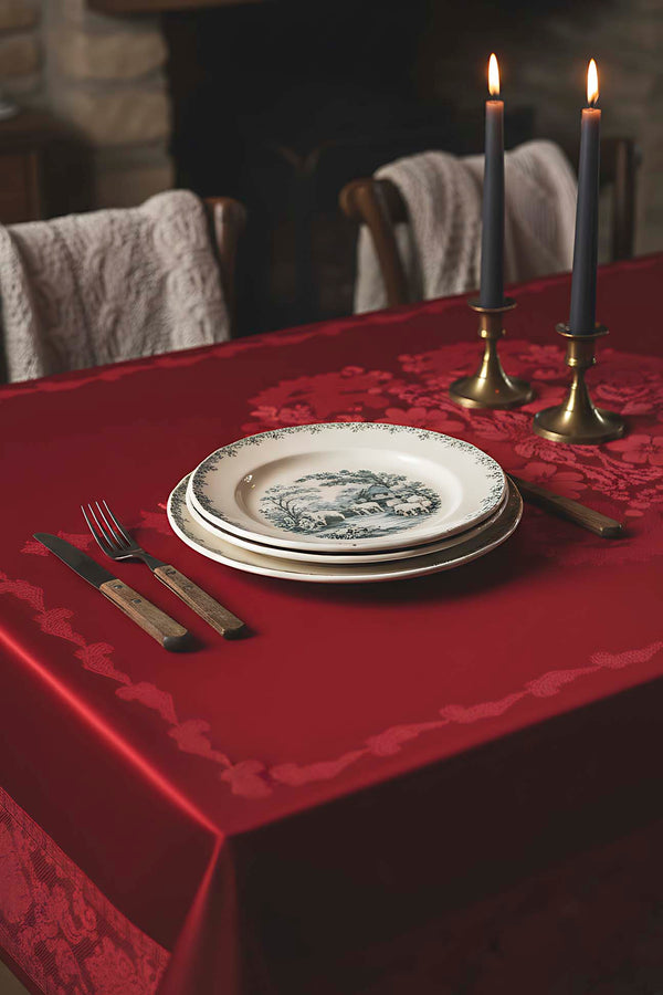Jumbo Red Jacquard Tablecloth – Liquid Repellent, Stain Resistant, 100% Polyester, 160x220 cm
