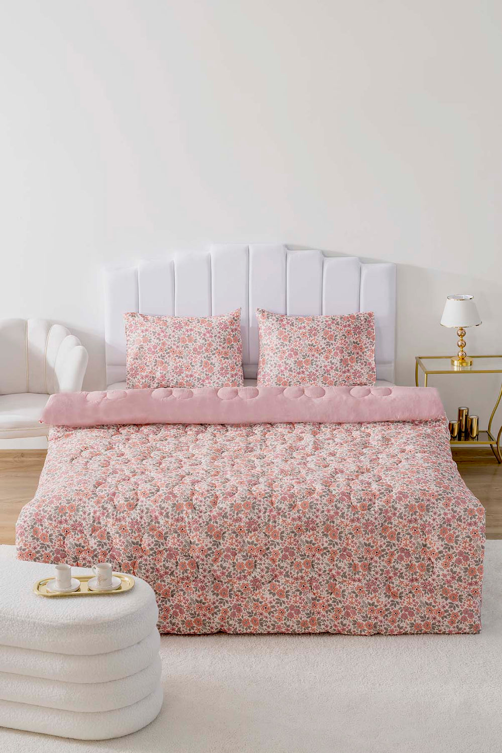 Pink Spring Double-Sided Daisy Quilted Quilt - 200x215 cm