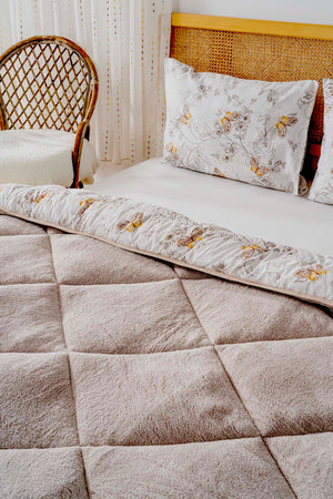 Beige Butterfly Loura Double-Sided Luxury Wellsoft Duvet Set for Double Bed 195x215 cm