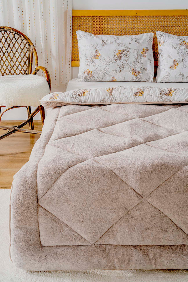 Beige Butterfly Loura Single Size Double-Sided Lux Wellsoft Duvet Set 155x215 cm