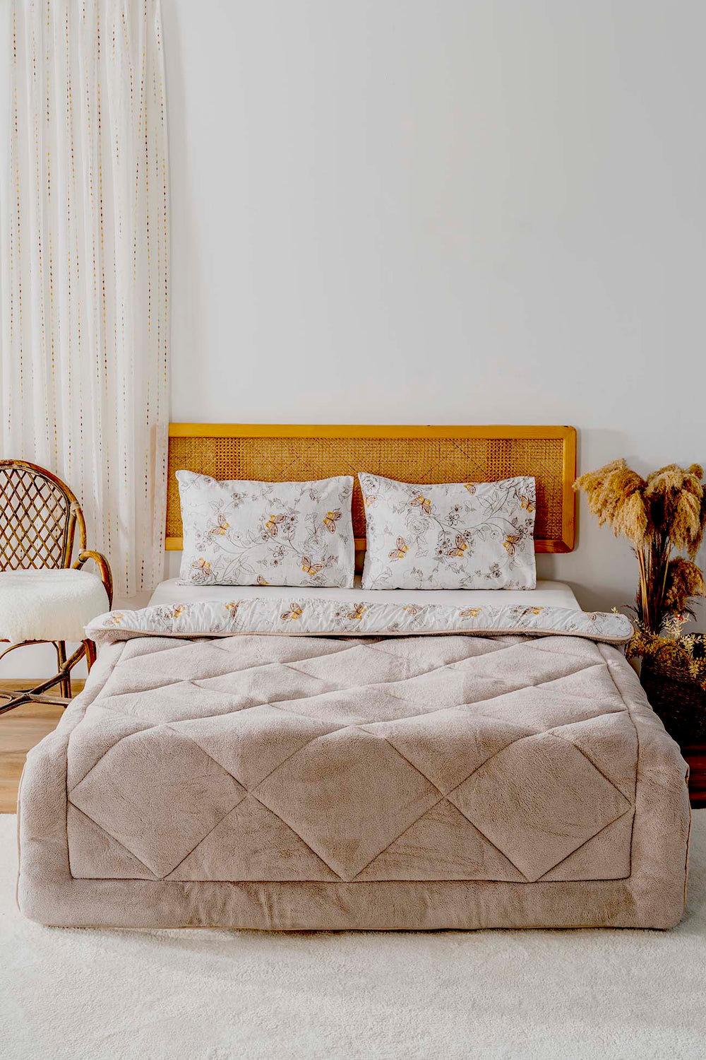 Beige Butterfly Loura Single Size Double-Sided Lux Wellsoft Duvet Set 155x215 cm