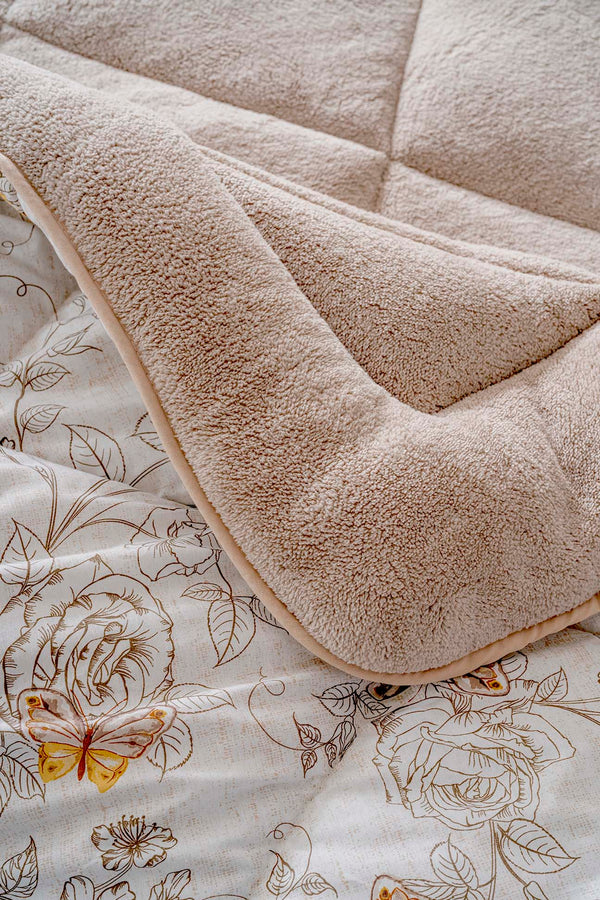 Beige Butterfly Loura Double-Sided Luxury Wellsoft Duvet Set for Double Bed 195x215 cm