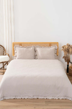 Marta Beige Jacquard 3-Piece Bedspread Set – 100% Cotton, Multi-Use Coverlet & Shams, King Size, 240x260 cm