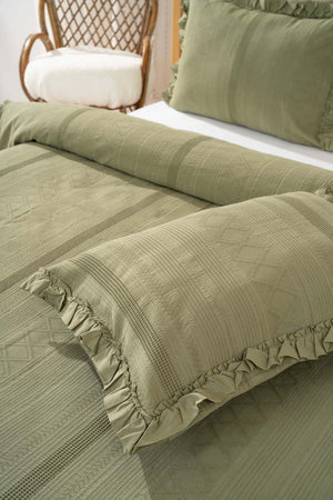 Tziana Khaki Green Double Jacquard Bedspread Set – 3 Piece Bedding Set
